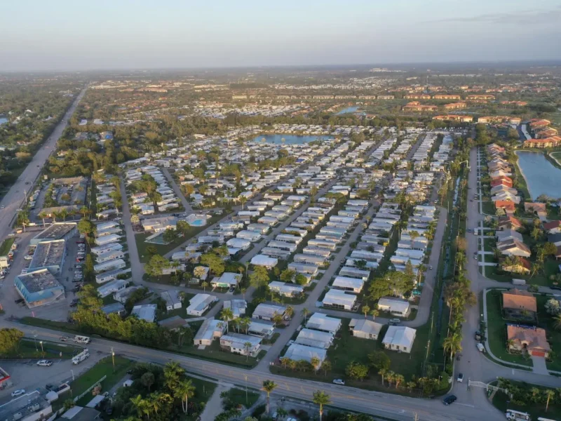 Aerial view of Temple Terrace, FL neighborhoods and tree canopy at sunset