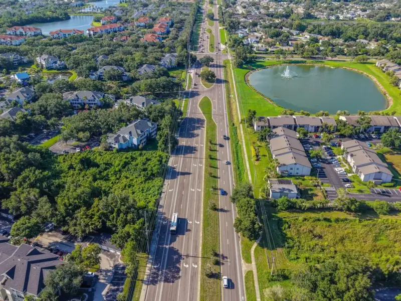 Aerial view of Wesley Chapel, FL homes, pond and oak trees along a main road