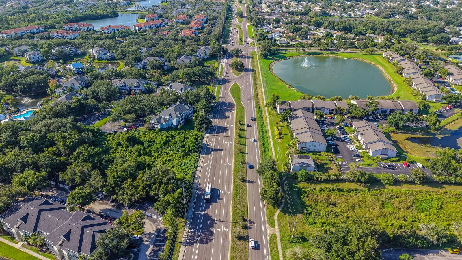 Aerial view of Wesley Chapel, FL homes, pond and oak trees along a main road
